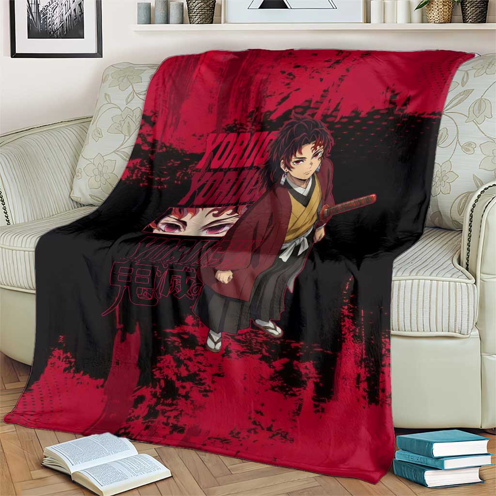 Yoriichi Tsugikuni Demon Slayer Red Grunge Design Blanket with Intense Eyes and Sword Stance - The Mazicc