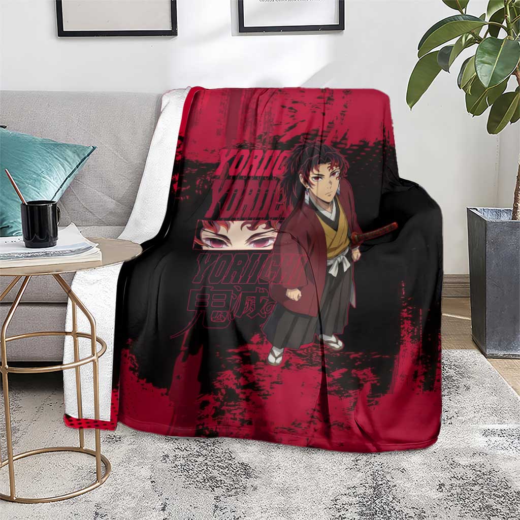 Yoriichi Tsugikuni Demon Slayer Red Grunge Design Blanket with Intense Eyes and Sword Stance - The Mazicc