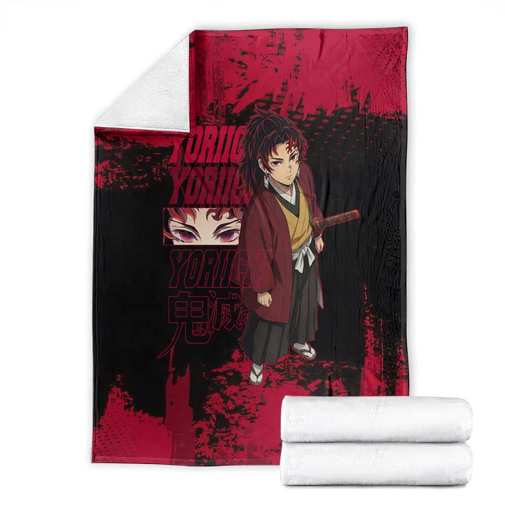Yoriichi Tsugikuni Demon Slayer Red Grunge Design Blanket with Intense Eyes and Sword Stance - The Mazicc