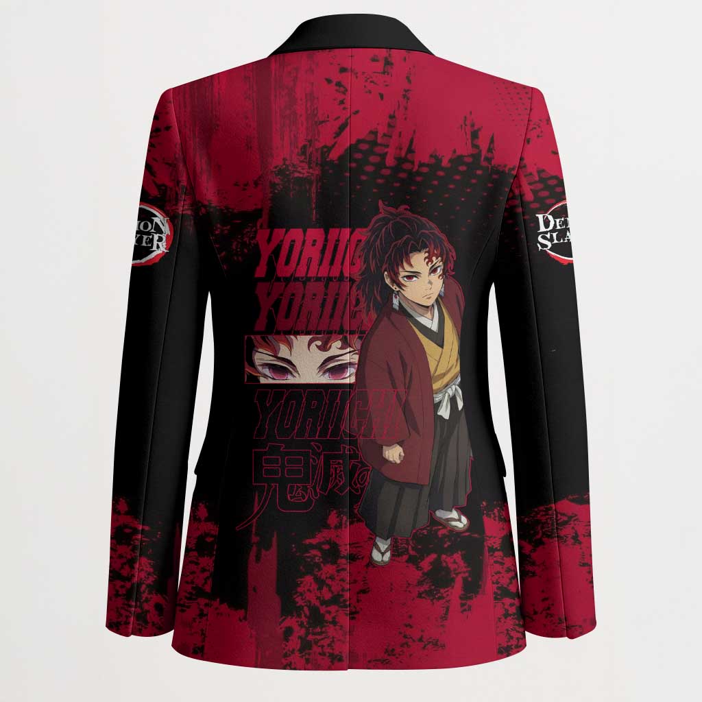 Yoriichi Tsugikuni Demon Slayer Red Grunge Design Blazer with Intense Eyes and Sword Stance - The Mazicc