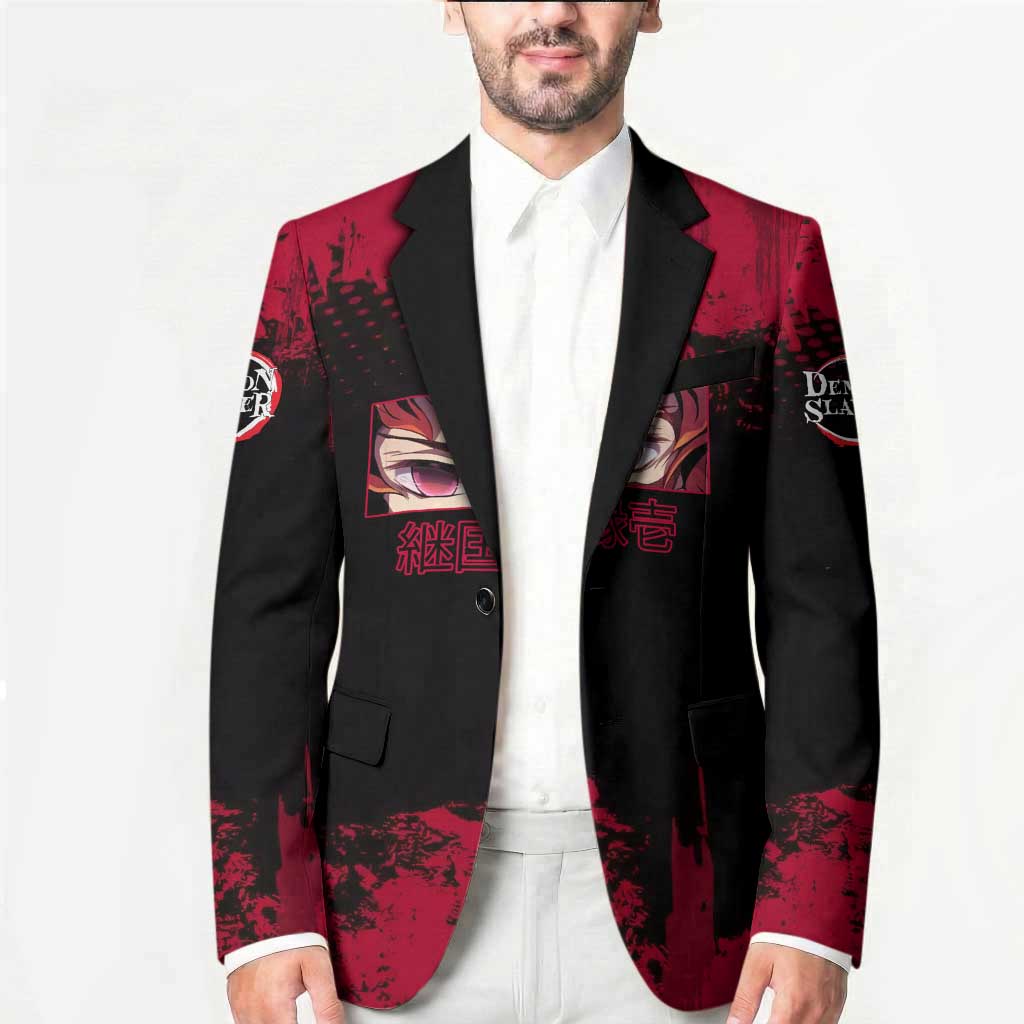 Yoriichi Tsugikuni Demon Slayer Red Grunge Design Blazer with Intense Eyes and Sword Stance - The Mazicc