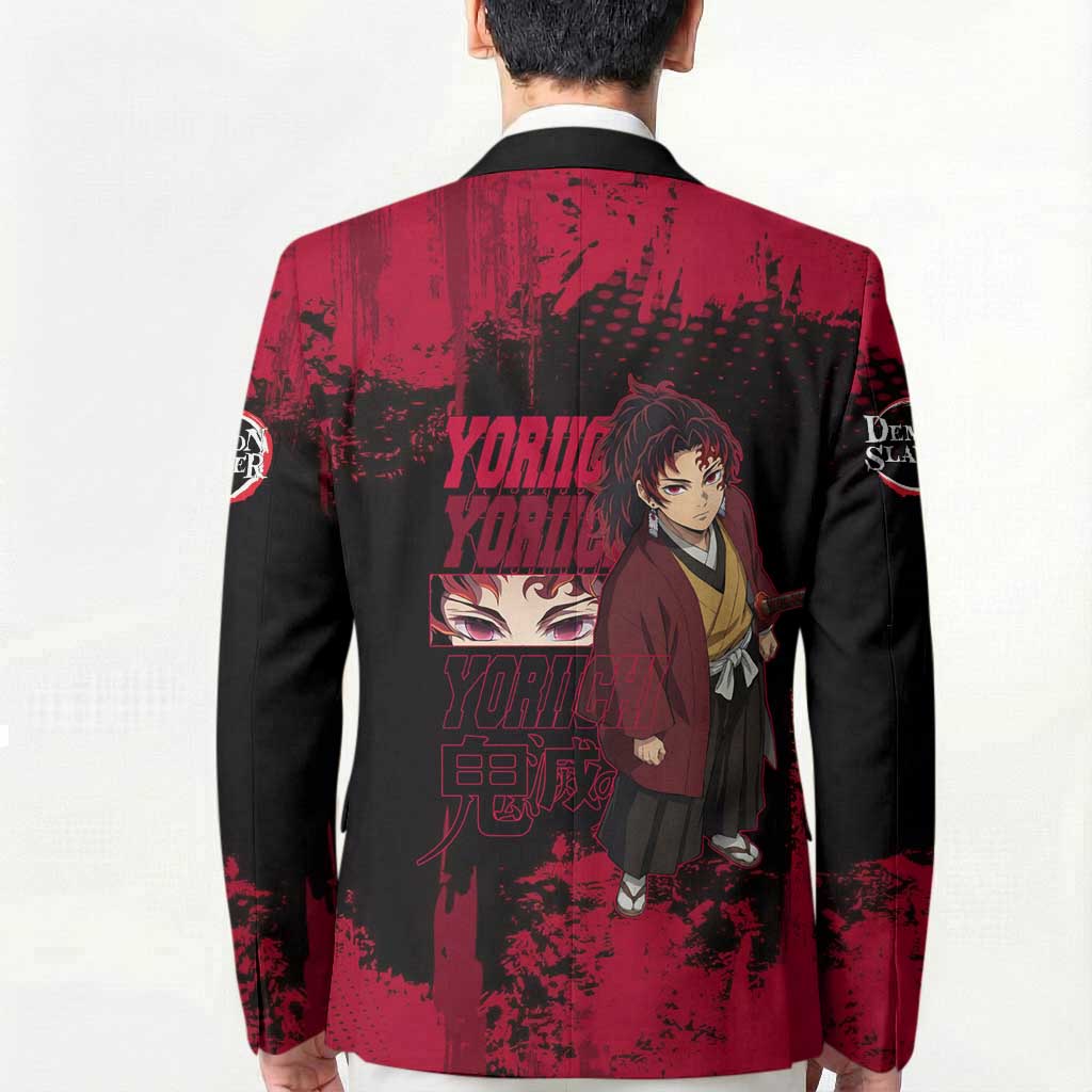 Yoriichi Tsugikuni Demon Slayer Red Grunge Design Blazer with Intense Eyes and Sword Stance - The Mazicc