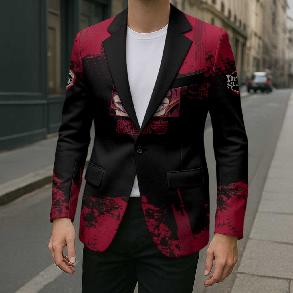 Yoriichi Tsugikuni Demon Slayer Red Grunge Design Blazer with Intense Eyes and Sword Stance - The Mazicc
