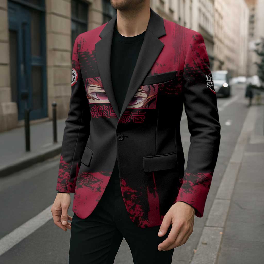 Yoriichi Tsugikuni Demon Slayer Red Grunge Design Blazer with Intense Eyes and Sword Stance - The Mazicc