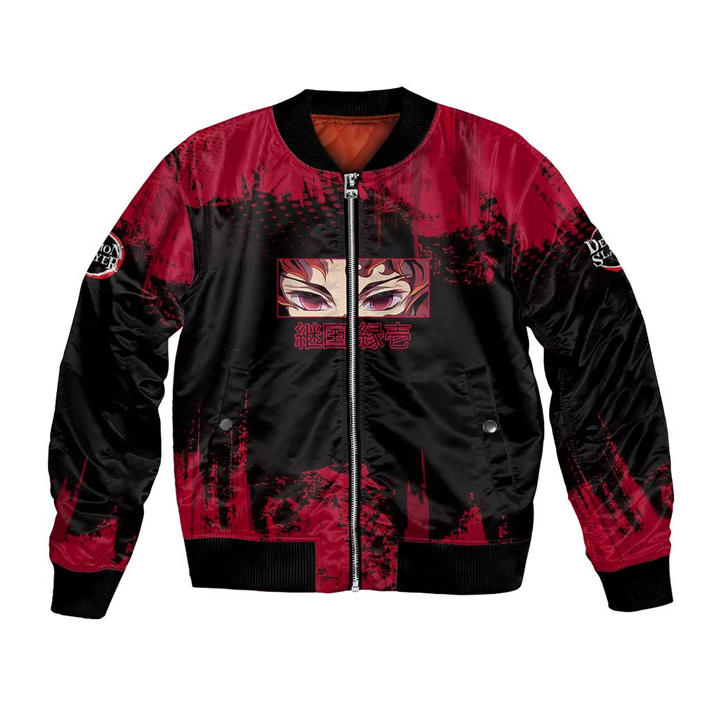 Yoriichi Tsugikuni Demon Slayer Red Grunge Design Bomber Jacket with Intense Eyes and Sword Stance - The Mazicc