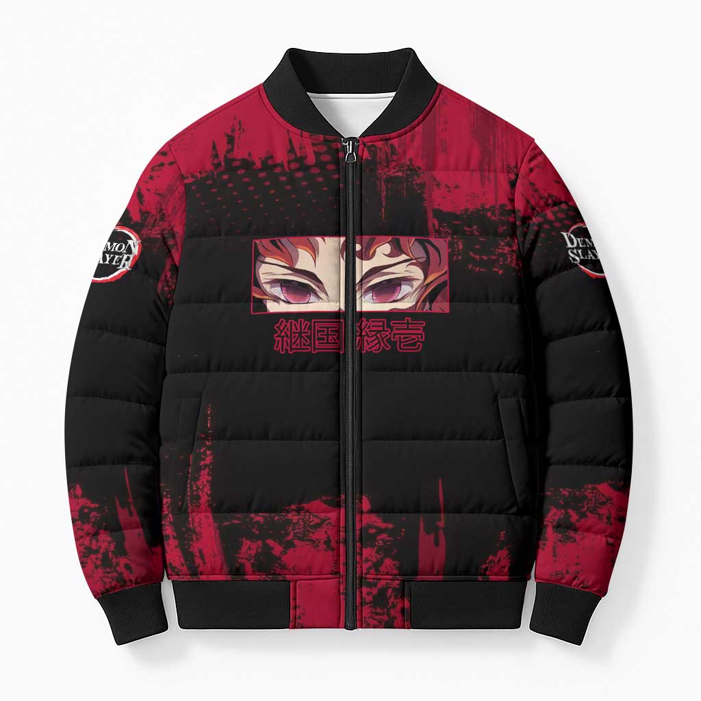 Yoriichi Tsugikuni Demon Slayer Red Grunge Design Bomber Puffer Jacket with Intense Eyes and Sword Stance - The Mazicc