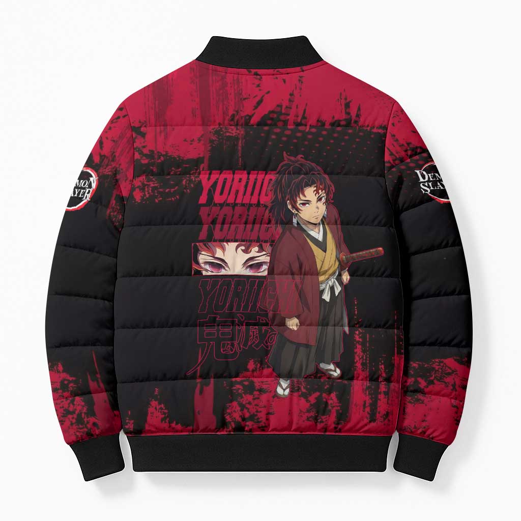Yoriichi Tsugikuni Demon Slayer Red Grunge Design Bomber Puffer Jacket with Intense Eyes and Sword Stance - The Mazicc