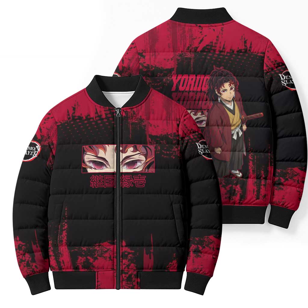 Yoriichi Tsugikuni Demon Slayer Red Grunge Design Bomber Puffer Jacket with Intense Eyes and Sword Stance - The Mazicc