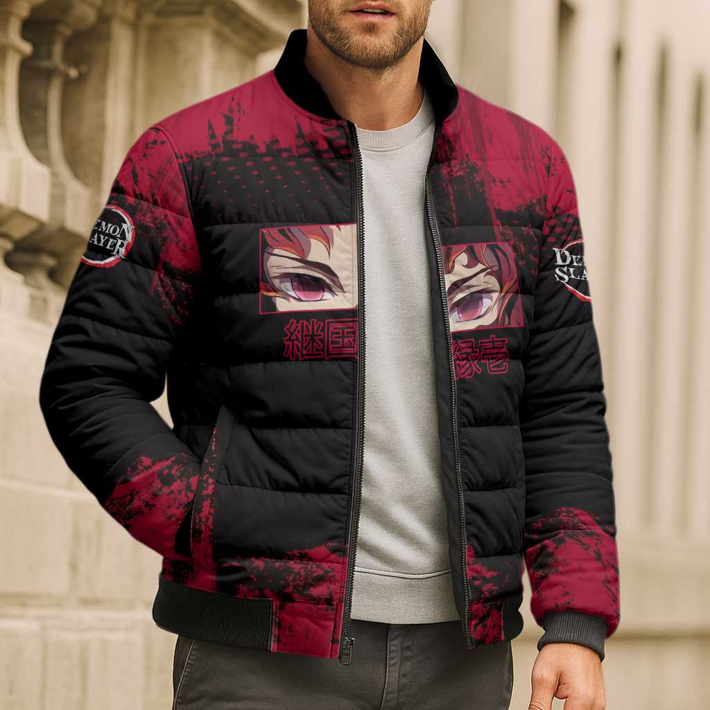 Yoriichi Tsugikuni Demon Slayer Red Grunge Design Bomber Puffer Jacket with Intense Eyes and Sword Stance - The Mazicc
