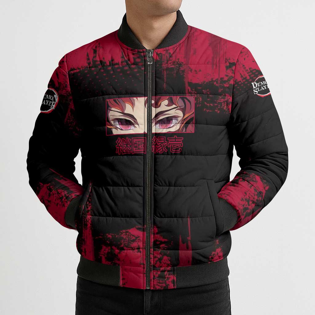 Yoriichi Tsugikuni Demon Slayer Red Grunge Design Bomber Puffer Jacket with Intense Eyes and Sword Stance - The Mazicc