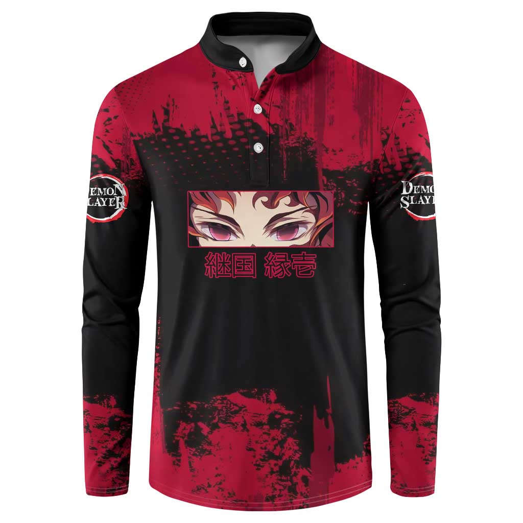 Yoriichi Tsugikuni Demon Slayer Red Grunge Design Button Sweatshirt with Intense Eyes and Sword Stance - The Mazicc