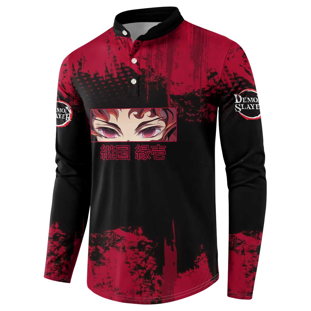 Yoriichi Tsugikuni Demon Slayer Red Grunge Design Button Sweatshirt with Intense Eyes and Sword Stance - The Mazicc