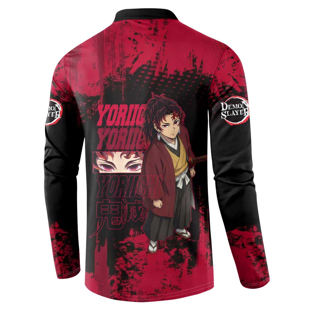 Yoriichi Tsugikuni Demon Slayer Red Grunge Design Button Sweatshirt with Intense Eyes and Sword Stance - The Mazicc