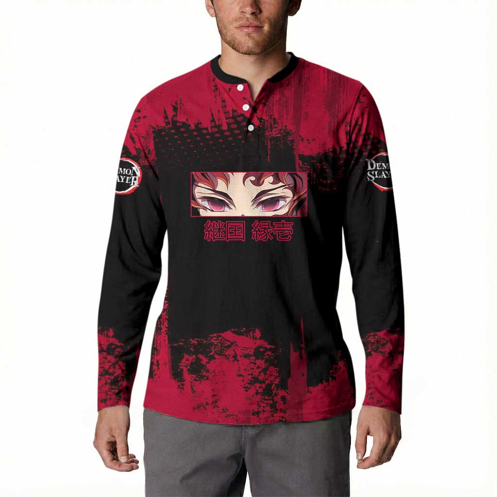 Yoriichi Tsugikuni Demon Slayer Red Grunge Design Button Sweatshirt with Intense Eyes and Sword Stance - The Mazicc