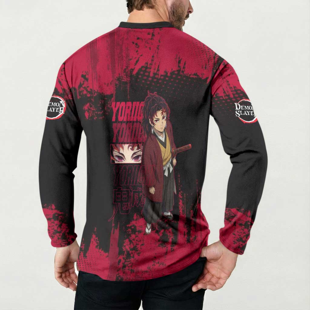 Yoriichi Tsugikuni Demon Slayer Red Grunge Design Button Sweatshirt with Intense Eyes and Sword Stance - The Mazicc