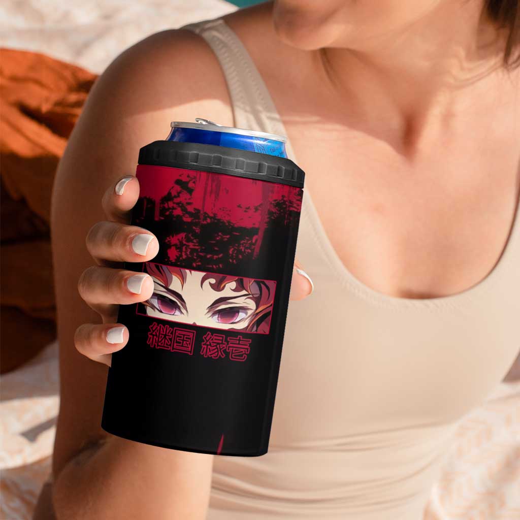 Yoriichi Tsugikuni Demon Slayer Red Grunge Design 4 in 1 Can Cooler Tumbler with Intense Eyes and Sword Stance - The Mazicc