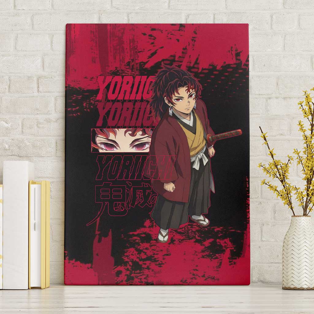 Yoriichi Tsugikuni Demon Slayer Red Grunge Design Canvas Wall Art with Intense Eyes and Sword Stance - The Mazicc