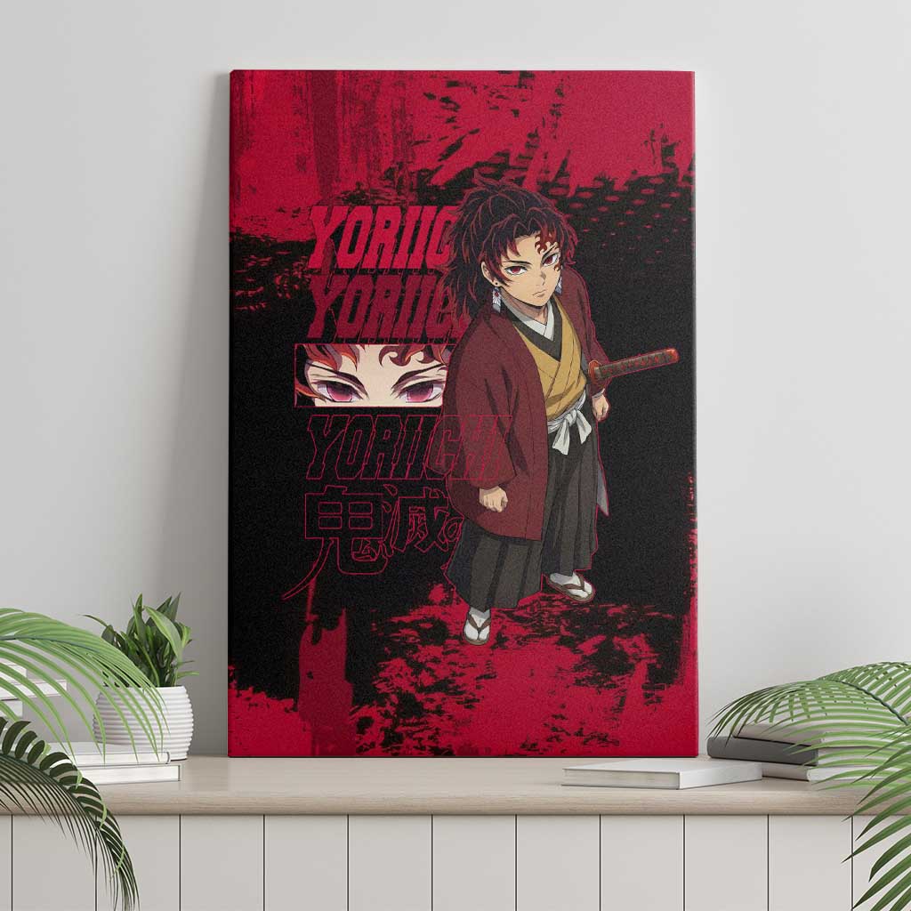 Yoriichi Tsugikuni Demon Slayer Red Grunge Design Canvas Wall Art with Intense Eyes and Sword Stance - The Mazicc