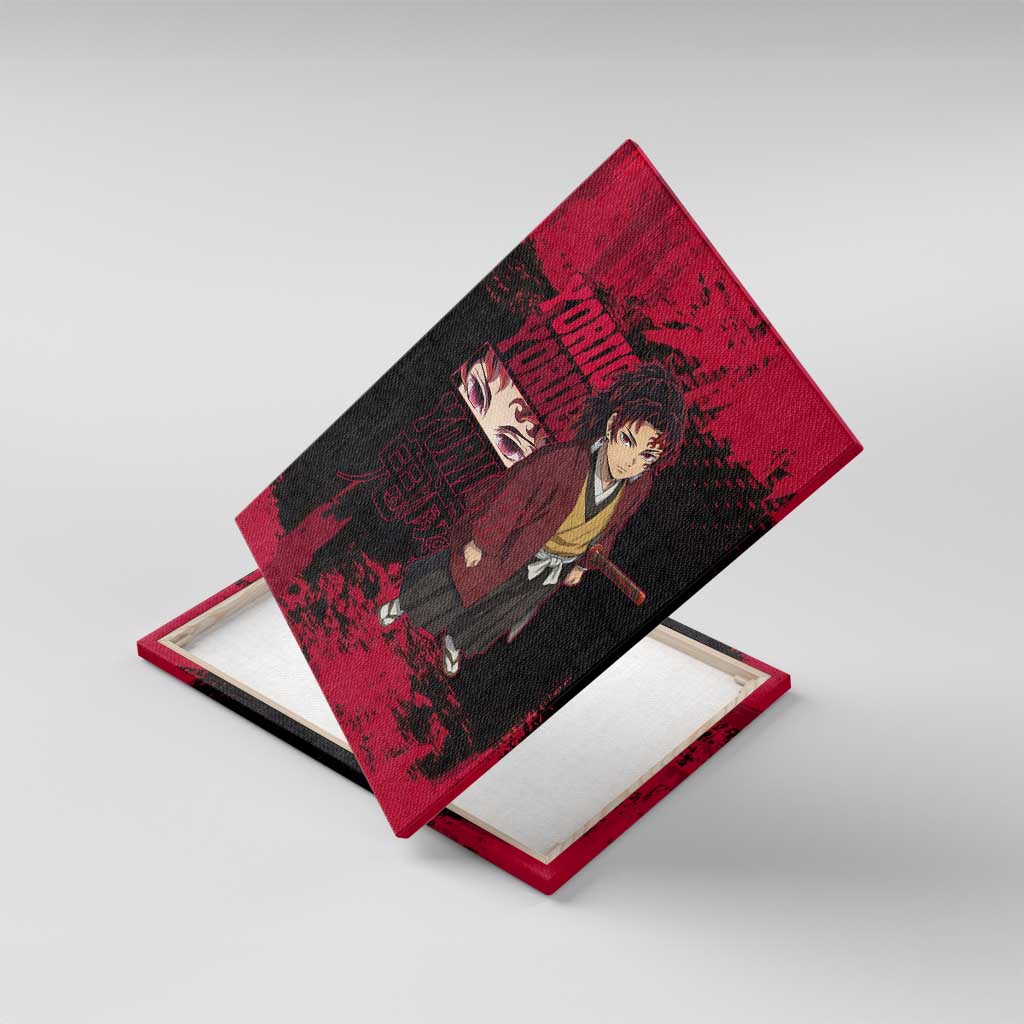 Yoriichi Tsugikuni Demon Slayer Red Grunge Design Canvas Wall Art with Intense Eyes and Sword Stance - The Mazicc