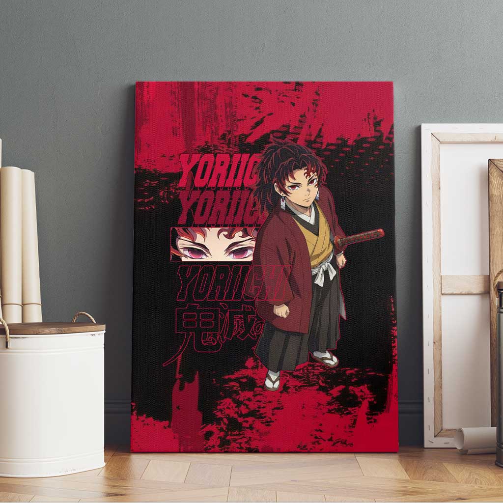 Yoriichi Tsugikuni Demon Slayer Red Grunge Design Canvas Wall Art with Intense Eyes and Sword Stance - The Mazicc