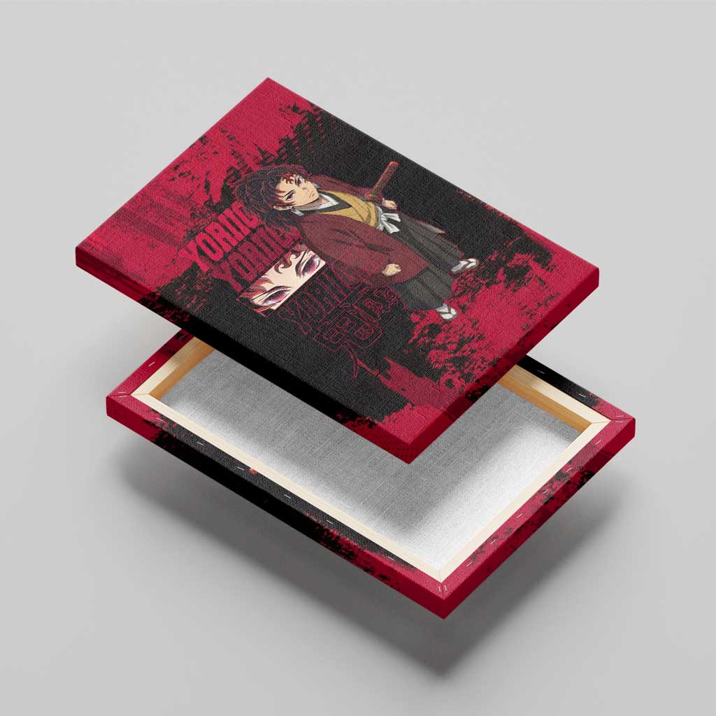 Yoriichi Tsugikuni Demon Slayer Red Grunge Design Canvas Wall Art with Intense Eyes and Sword Stance - The Mazicc