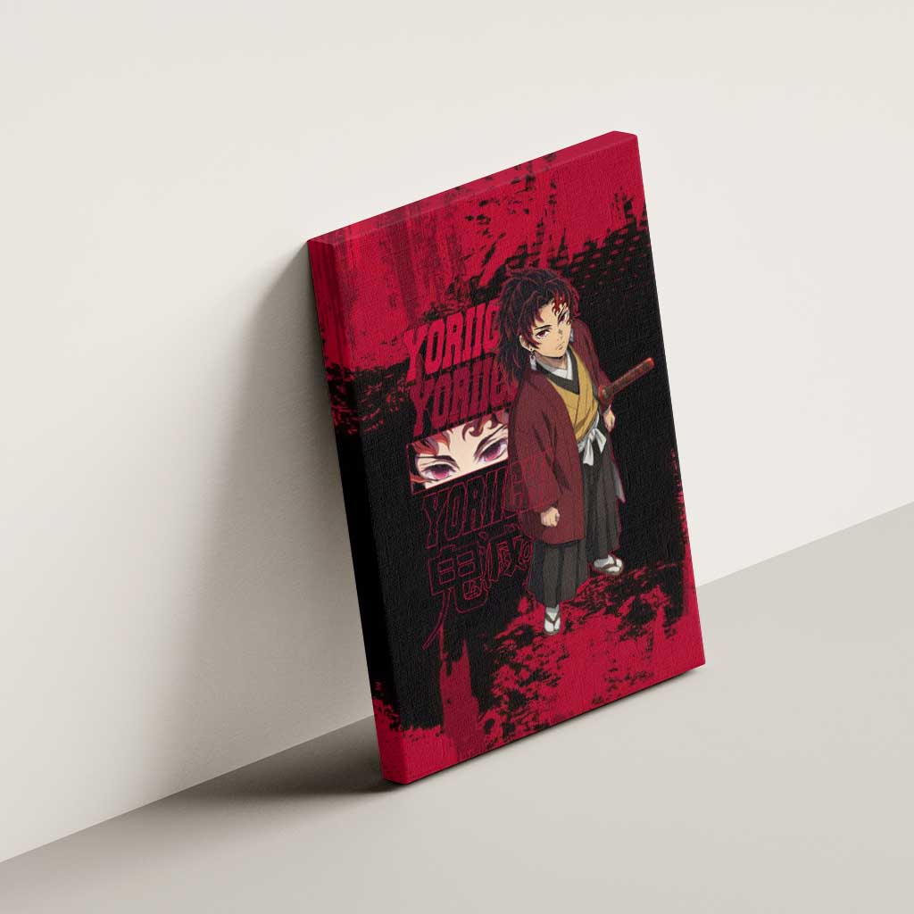 Yoriichi Tsugikuni Demon Slayer Red Grunge Design Canvas Wall Art with Intense Eyes and Sword Stance - The Mazicc