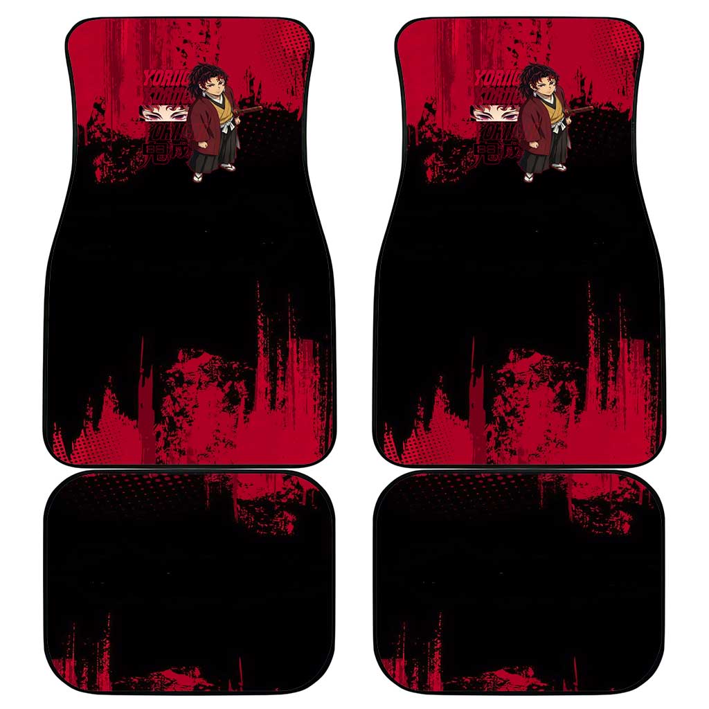 Yoriichi Tsugikuni Demon Slayer Red Grunge Design Car Mats with Intense Eyes and Sword Stance - The Mazicc
