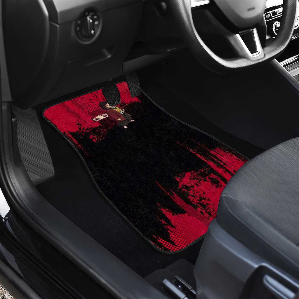 Yoriichi Tsugikuni Demon Slayer Red Grunge Design Car Mats with Intense Eyes and Sword Stance - The Mazicc