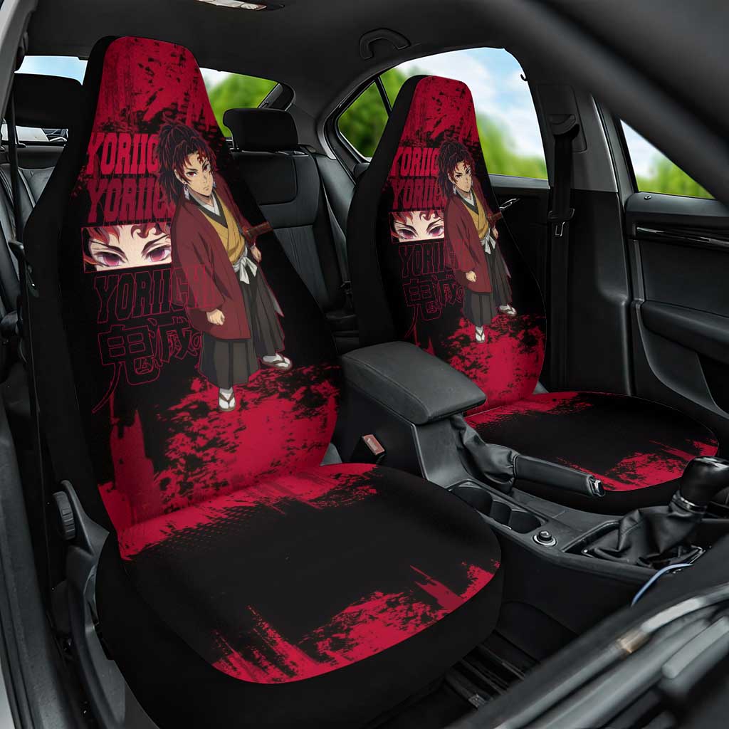 Yoriichi Tsugikuni Demon Slayer Red Grunge Design Car Seat Cover with Intense Eyes and Sword Stance - The Mazicc