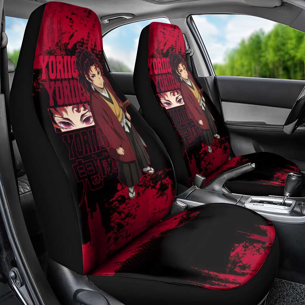 Yoriichi Tsugikuni Demon Slayer Red Grunge Design Car Seat Cover with Intense Eyes and Sword Stance - The Mazicc