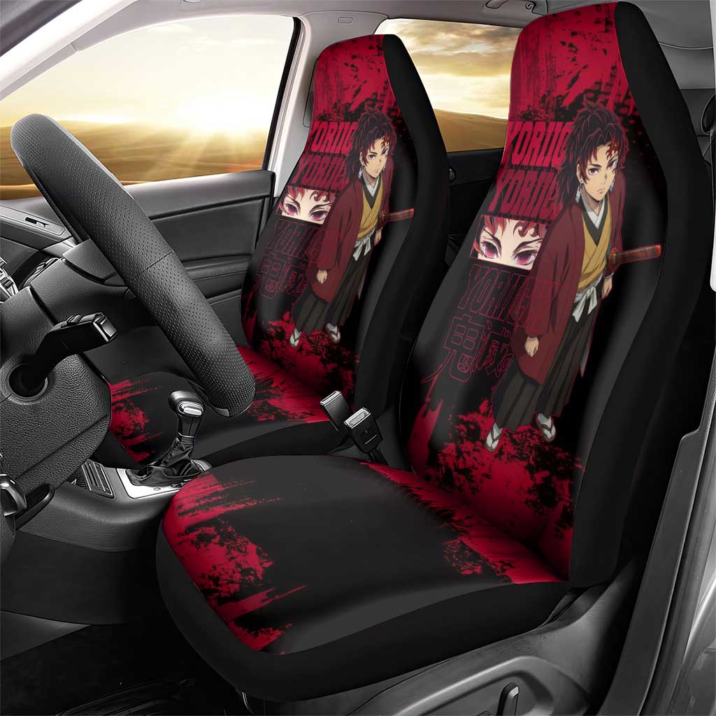 Yoriichi Tsugikuni Demon Slayer Red Grunge Design Car Seat Cover with Intense Eyes and Sword Stance - The Mazicc
