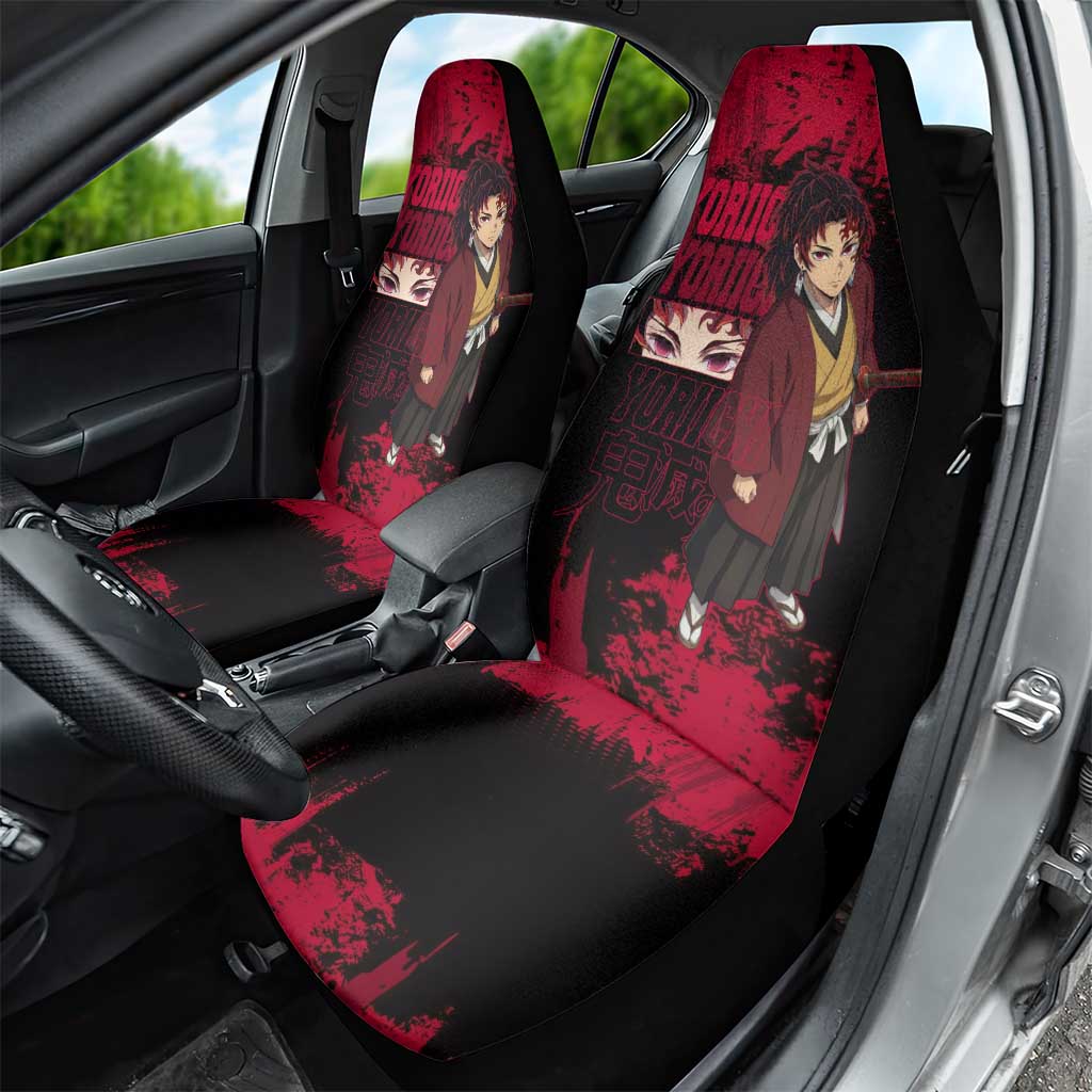 Yoriichi Tsugikuni Demon Slayer Red Grunge Design Car Seat Cover with Intense Eyes and Sword Stance - The Mazicc