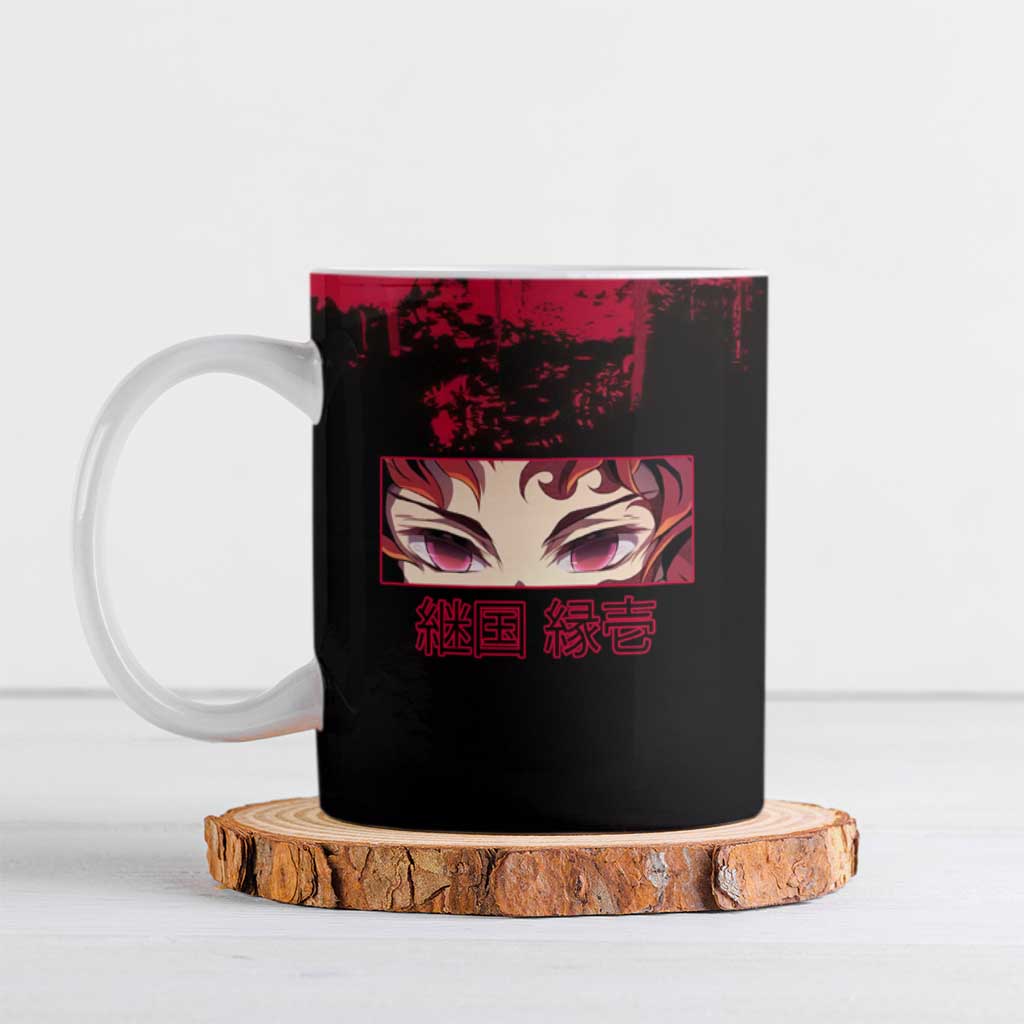 Yoriichi Tsugikuni Demon Slayer Red Grunge Design Ceramic Mug with Intense Eyes and Sword Stance - The Mazicc