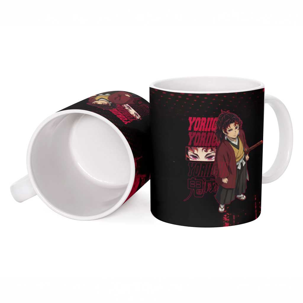 Yoriichi Tsugikuni Demon Slayer Red Grunge Design Ceramic Mug with Intense Eyes and Sword Stance - The Mazicc