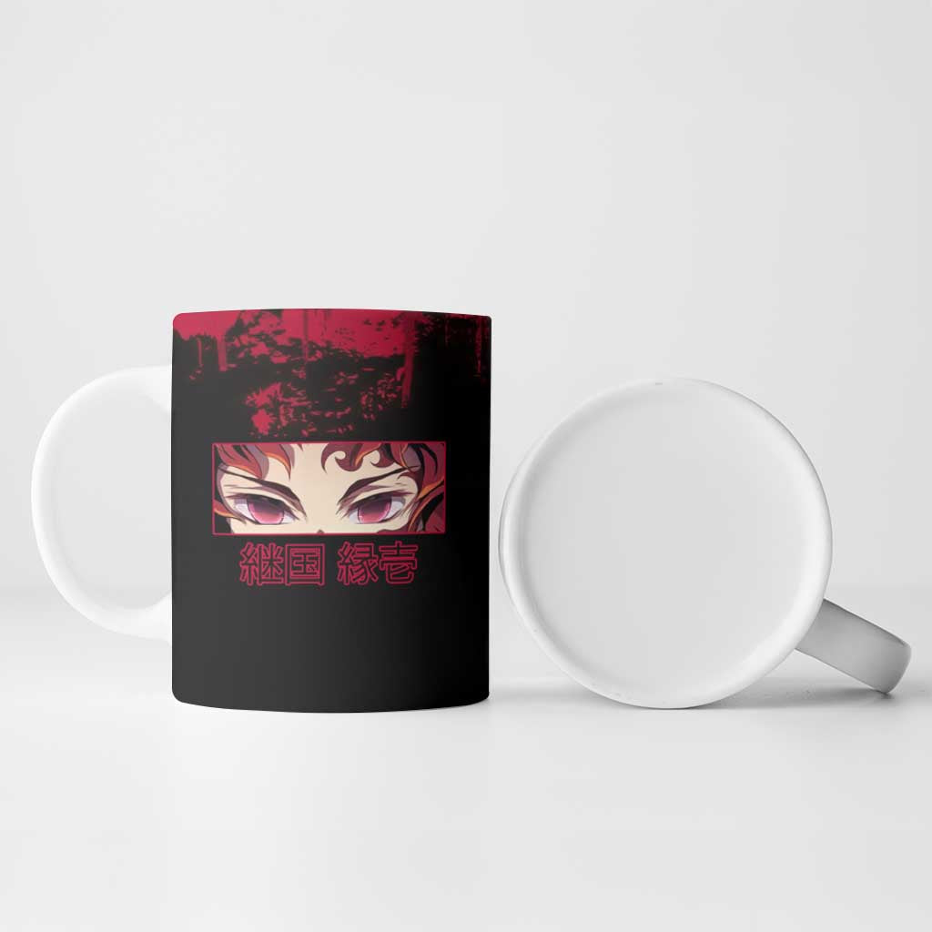 Yoriichi Tsugikuni Demon Slayer Red Grunge Design Ceramic Mug with Intense Eyes and Sword Stance - The Mazicc