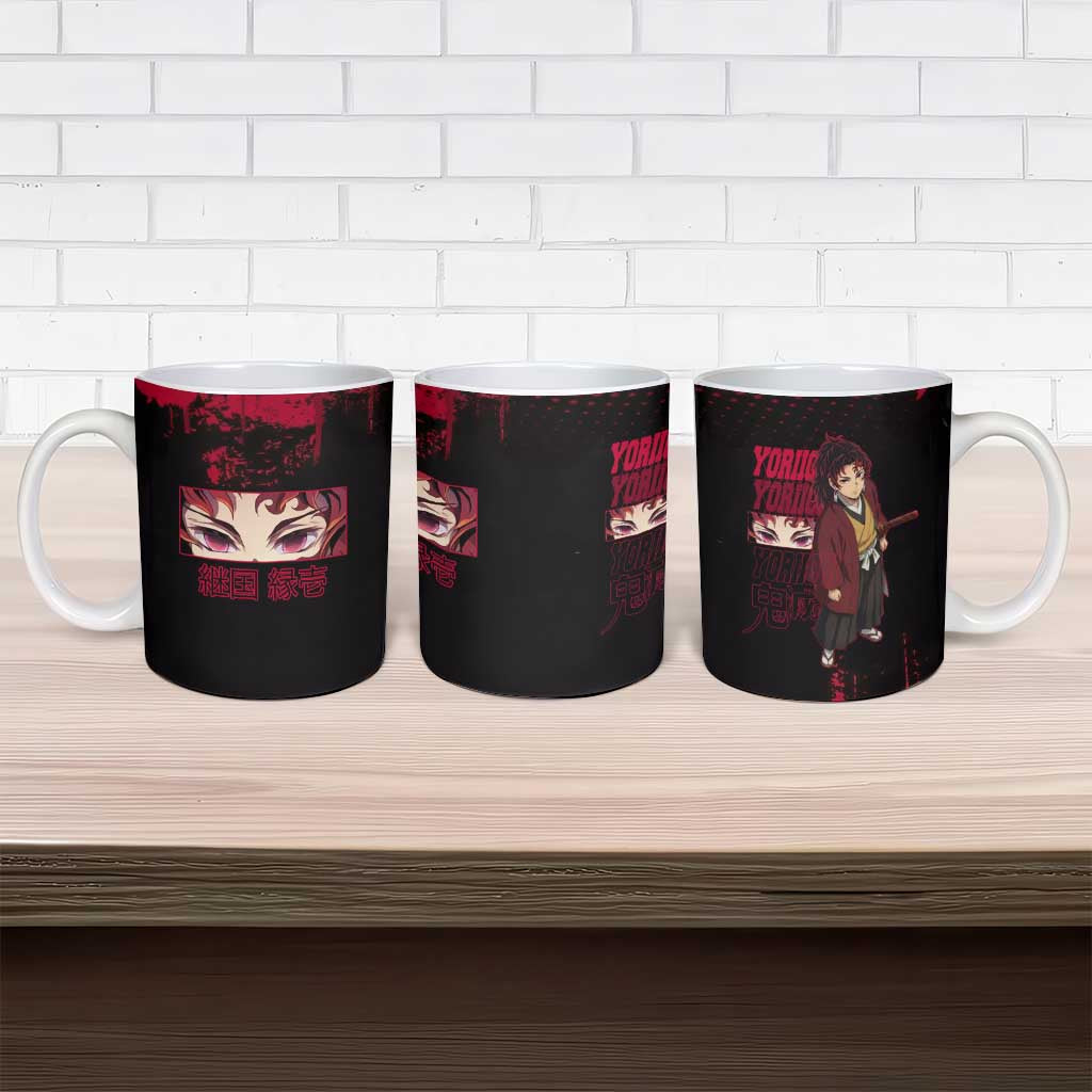 Yoriichi Tsugikuni Demon Slayer Red Grunge Design Ceramic Mug with Intense Eyes and Sword Stance - The Mazicc
