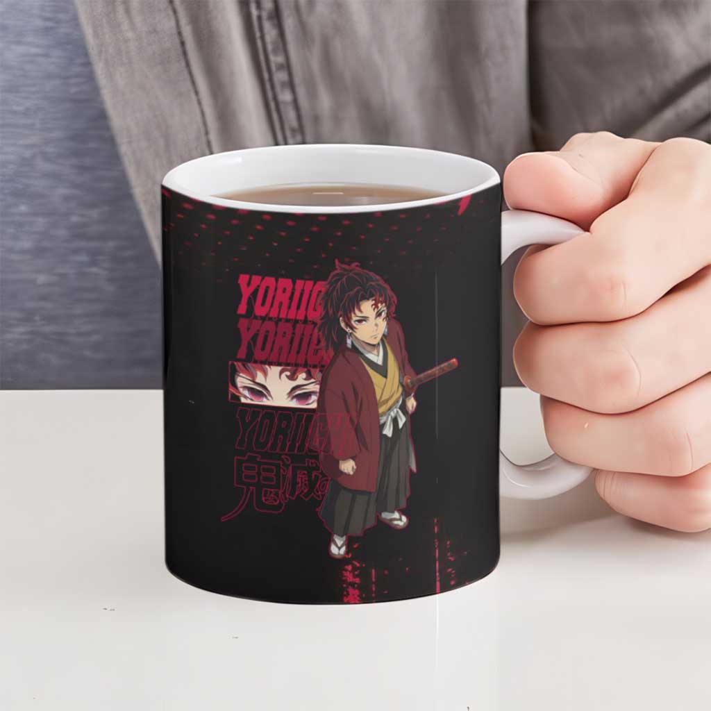 Yoriichi Tsugikuni Demon Slayer Red Grunge Design Ceramic Mug with Intense Eyes and Sword Stance - The Mazicc