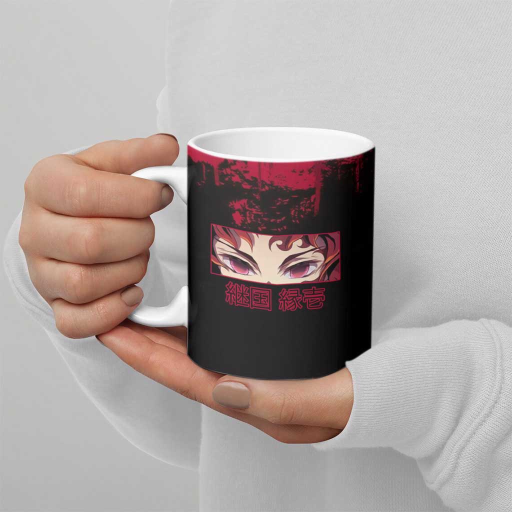 Yoriichi Tsugikuni Demon Slayer Red Grunge Design Ceramic Mug with Intense Eyes and Sword Stance - The Mazicc