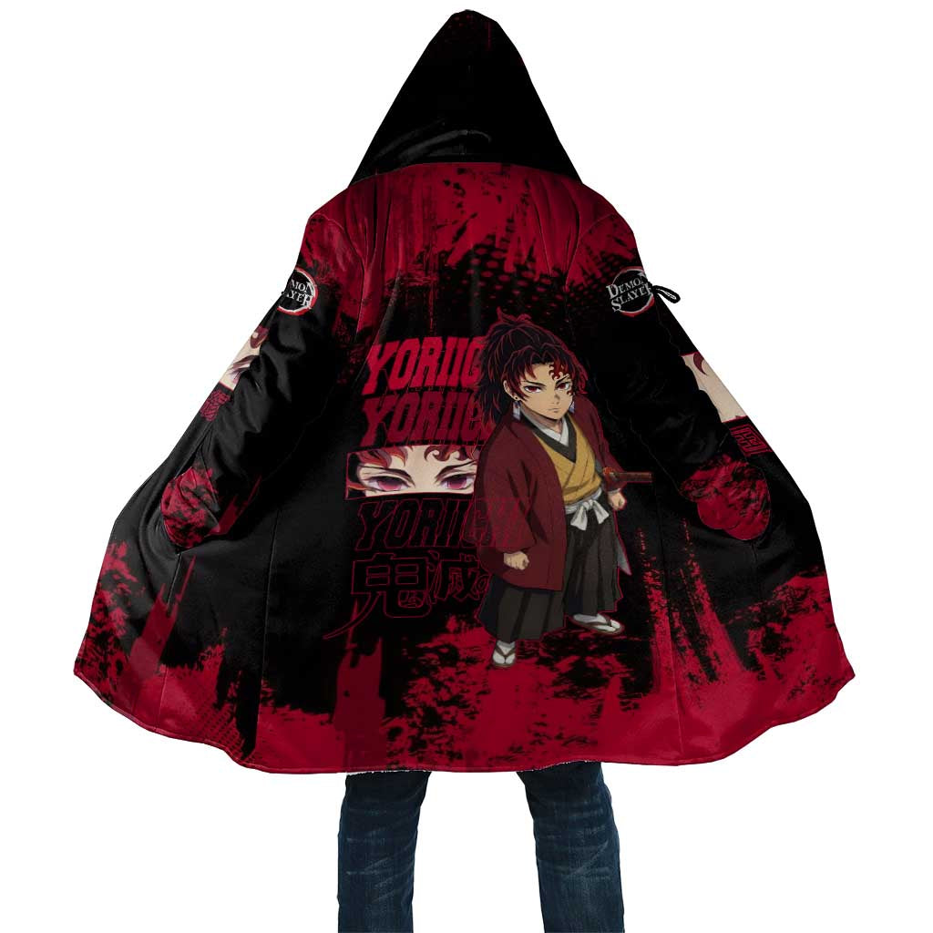 Yoriichi Tsugikuni Demon Slayer Red Grunge Design Cloak with Intense Eyes and Sword Stance - The Mazicc