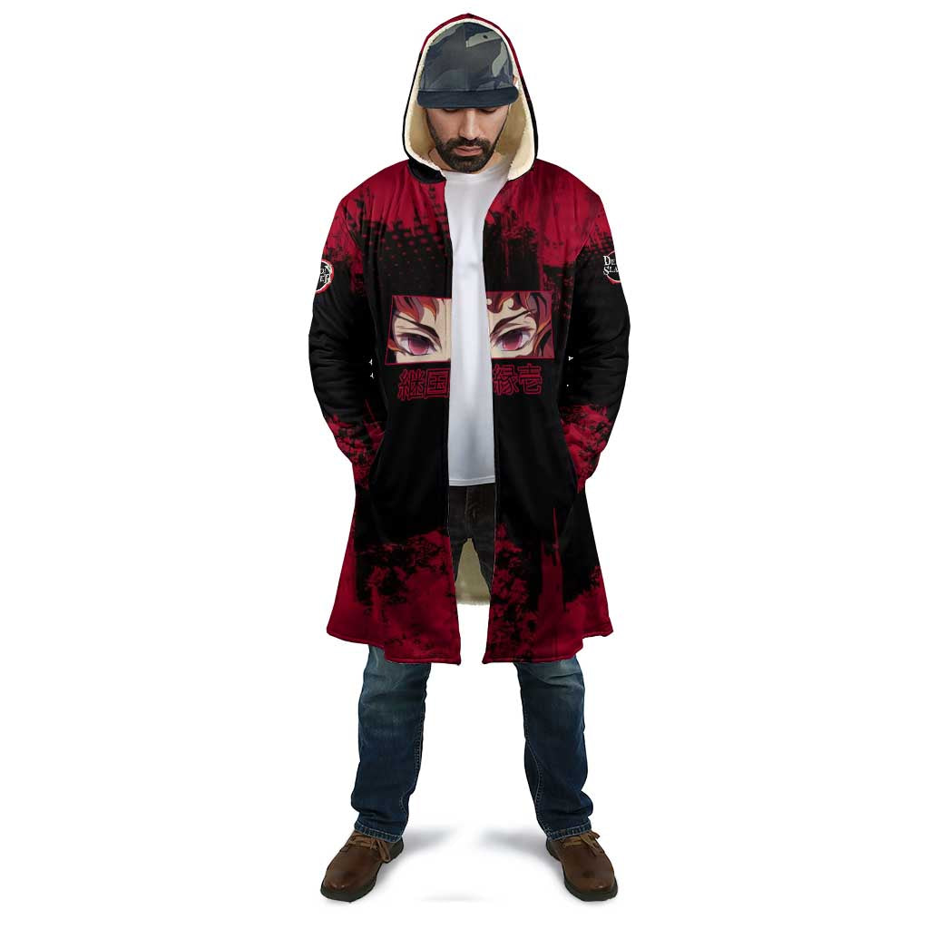 Yoriichi Tsugikuni Demon Slayer Red Grunge Design Cloak with Intense Eyes and Sword Stance - The Mazicc