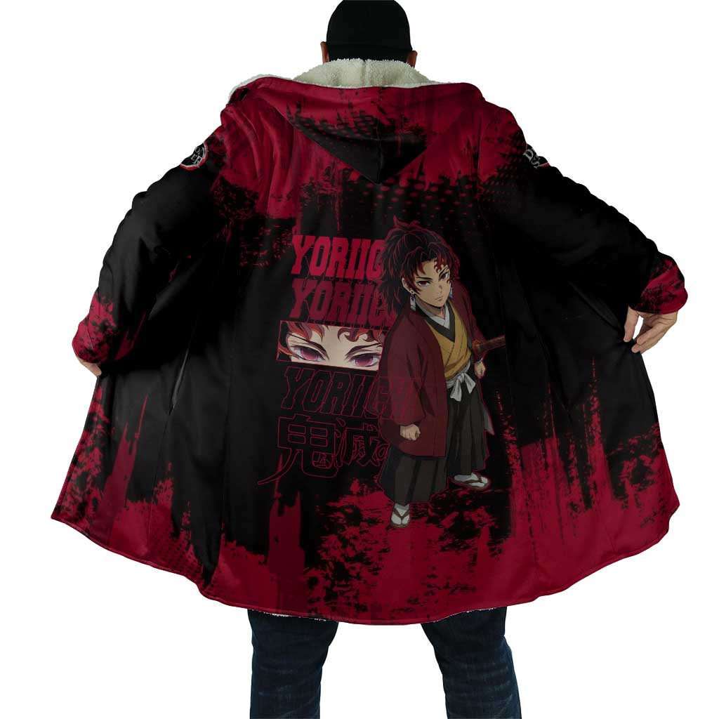Yoriichi Tsugikuni Demon Slayer Red Grunge Design Cloak with Intense Eyes and Sword Stance - The Mazicc