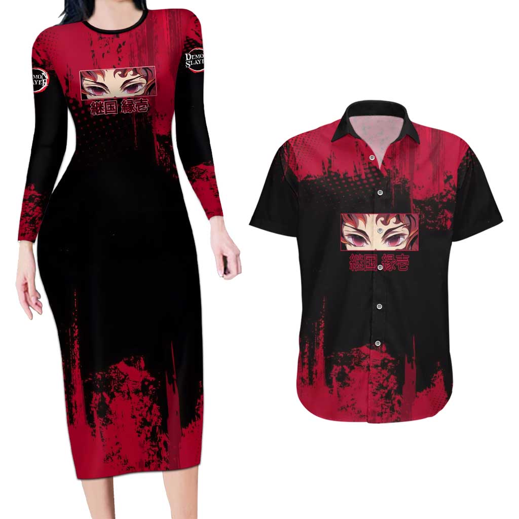 Yoriichi Tsugikuni Demon Slayer Red Grunge Design Couples Matching Long Sleeve Bodycon Dress and Hawaiian Shirt with Intense Eyes and Sword Stance - The Mazicc