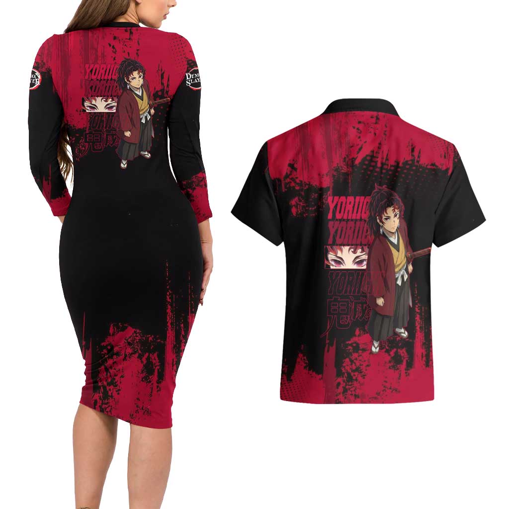 Yoriichi Tsugikuni Demon Slayer Red Grunge Design Couples Matching Long Sleeve Bodycon Dress and Hawaiian Shirt with Intense Eyes and Sword Stance - The Mazicc
