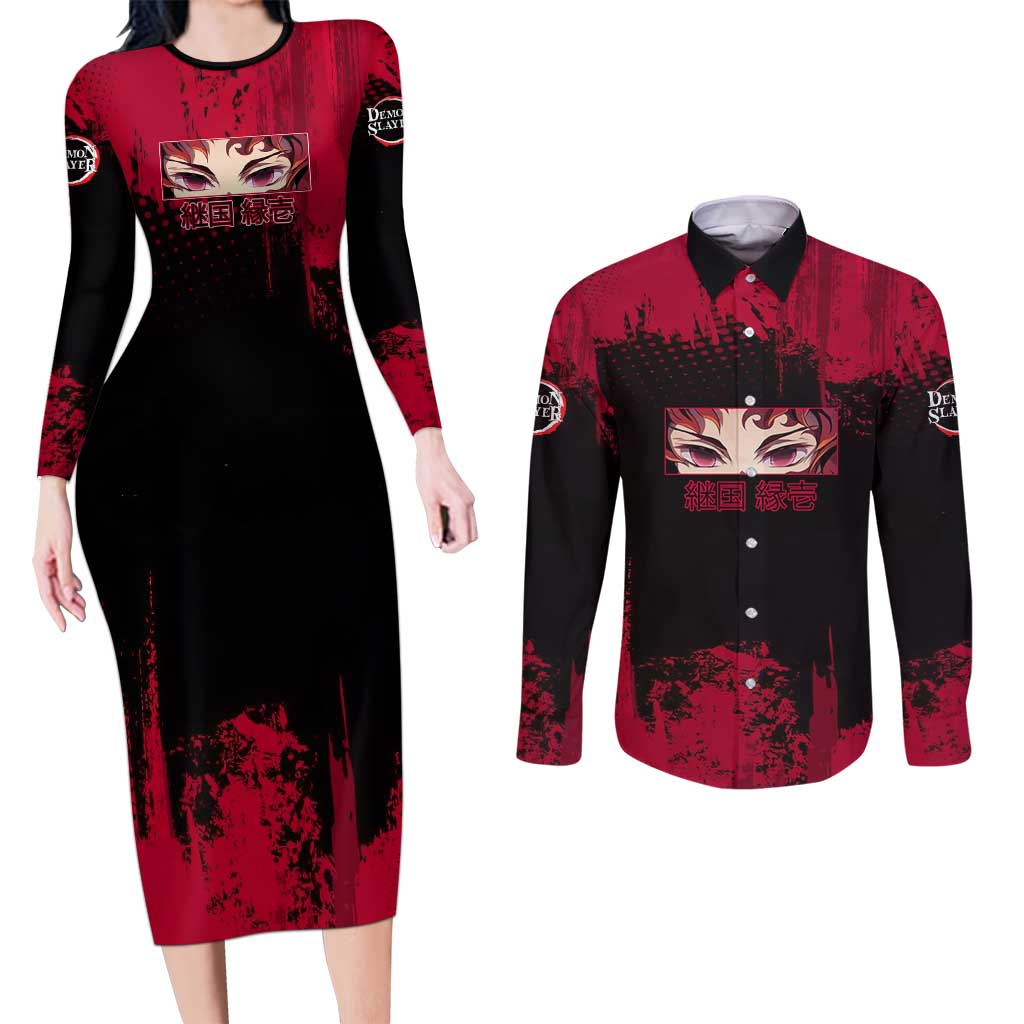 Yoriichi Tsugikuni Demon Slayer Red Grunge Design Couples Matching Long Sleeve Bodycon Dress and Long Sleeve Button Shirt with Intense Eyes and Sword Stance - The Mazicc
