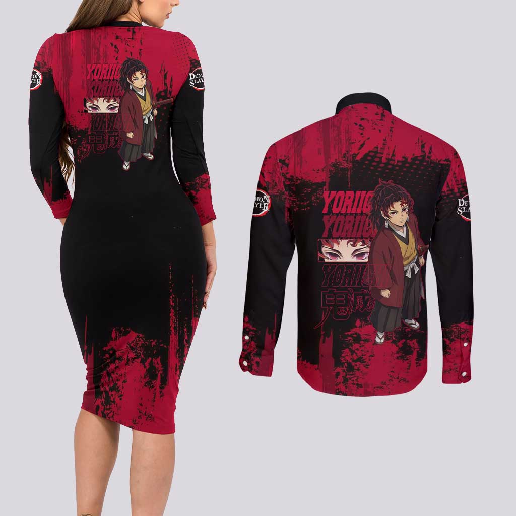 Yoriichi Tsugikuni Demon Slayer Red Grunge Design Couples Matching Long Sleeve Bodycon Dress and Long Sleeve Button Shirt with Intense Eyes and Sword Stance - The Mazicc