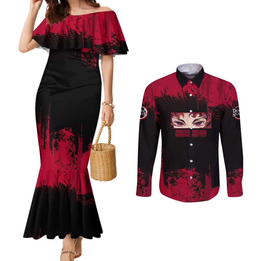Yoriichi Tsugikuni Demon Slayer Red Grunge Design Couples Matching Mermaid Dress and Long Sleeve Button Shirt with Intense Eyes and Sword Stance - The Mazicc