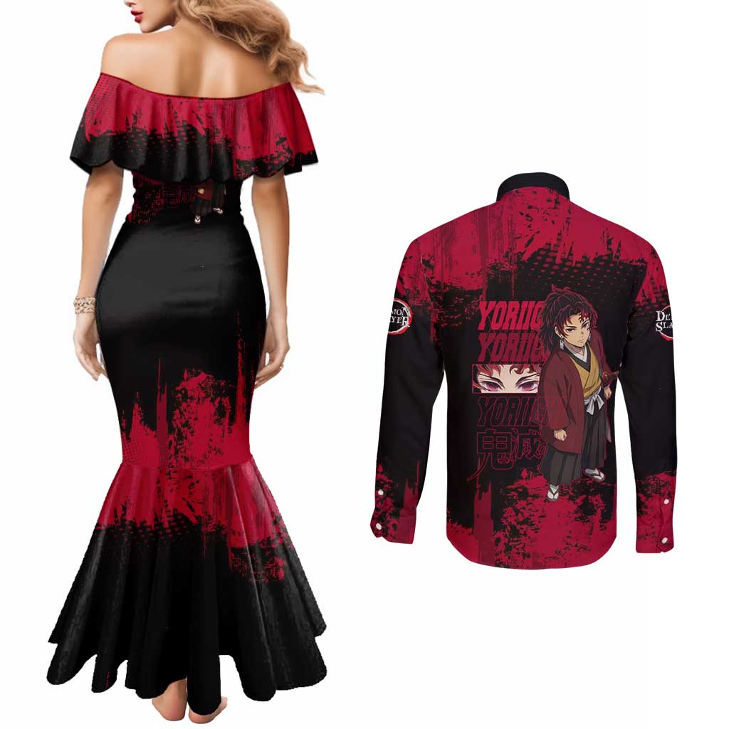 Yoriichi Tsugikuni Demon Slayer Red Grunge Design Couples Matching Mermaid Dress and Long Sleeve Button Shirt with Intense Eyes and Sword Stance - The Mazicc