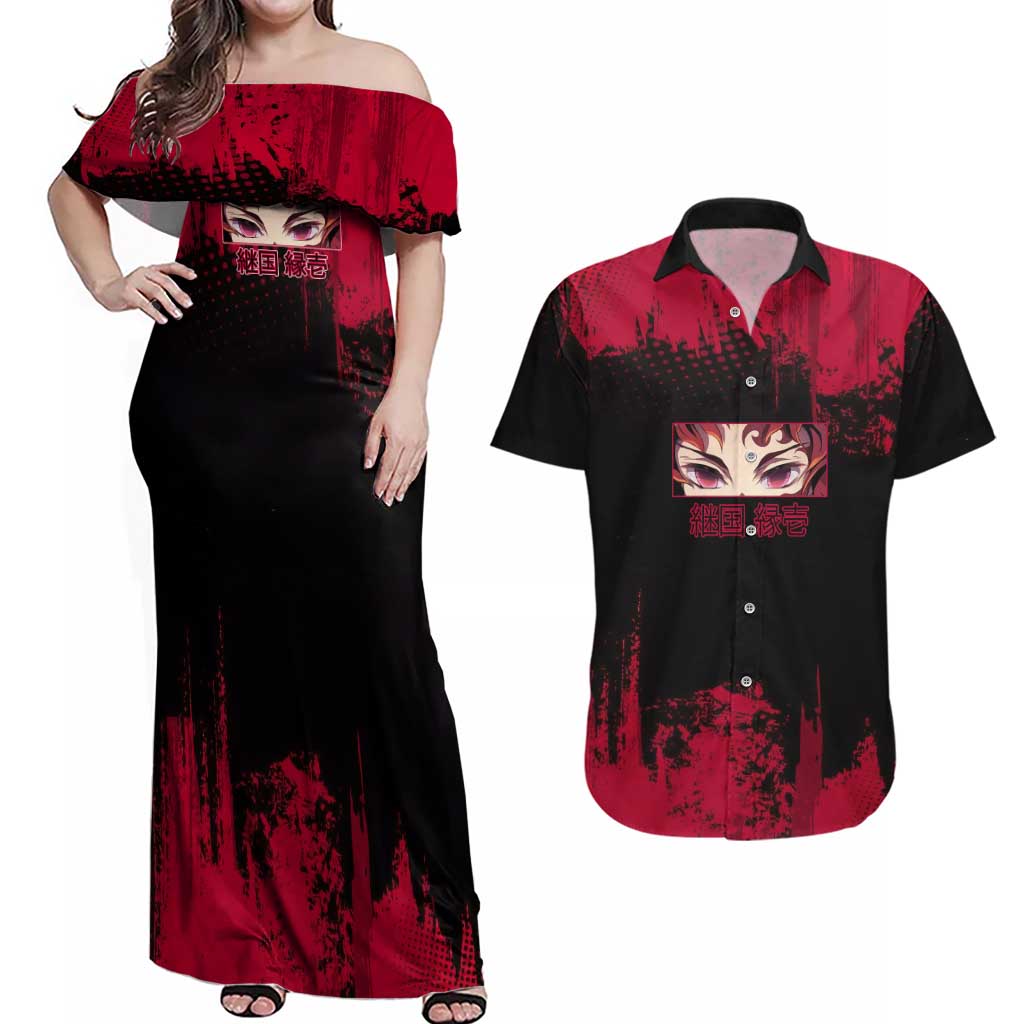 Yoriichi Tsugikuni Demon Slayer Red Grunge Design Couples Matching Off Shoulder Maxi Dress and Hawaiian Shirt with Intense Eyes and Sword Stance - The Mazicc