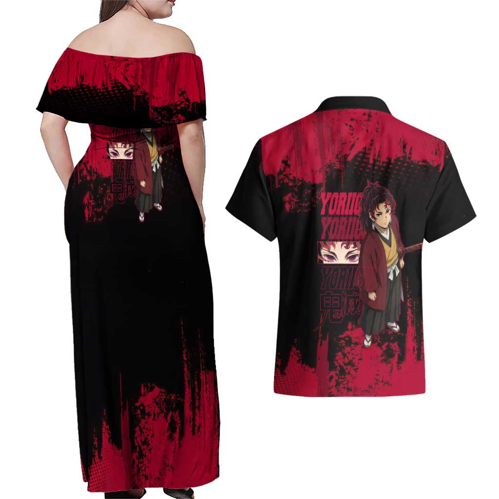 Yoriichi Tsugikuni Demon Slayer Red Grunge Design Couples Matching Off Shoulder Maxi Dress and Hawaiian Shirt with Intense Eyes and Sword Stance - The Mazicc