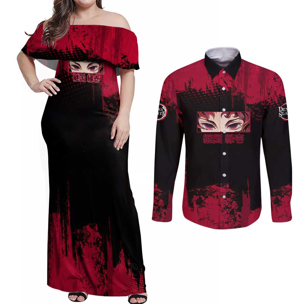 Yoriichi Tsugikuni Demon Slayer Red Grunge Design Couples Matching Off Shoulder Maxi Dress and Long Sleeve Button Shirt with Intense Eyes and Sword Stance - The Mazicc